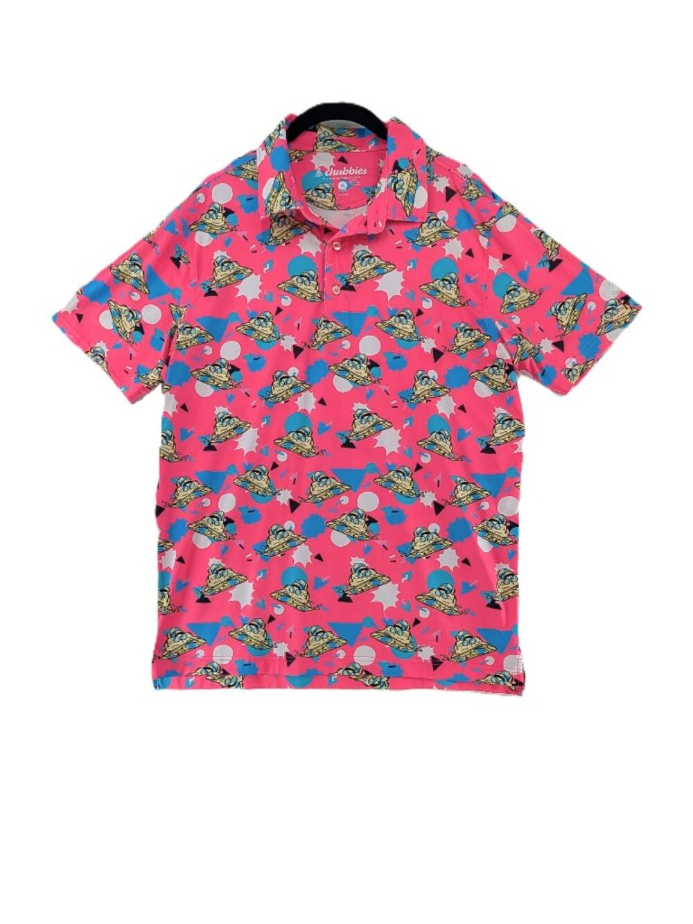 Chubbies Polo Shirt Mens Size Medium Pink Performance Stretch Cartoon UFO Retro